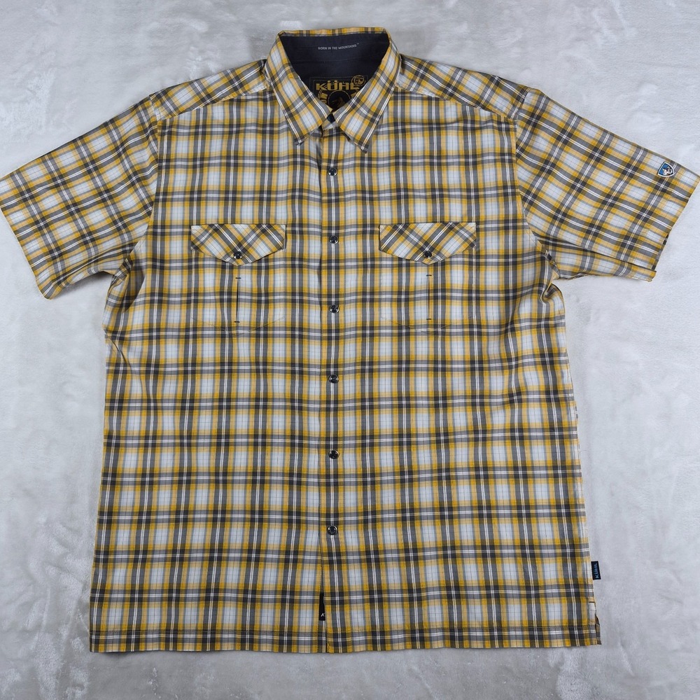 Kuhl Pearl Snap Shirt Men's XL Yellow Plaid Short Sleeve Outdoors Hiking Casual